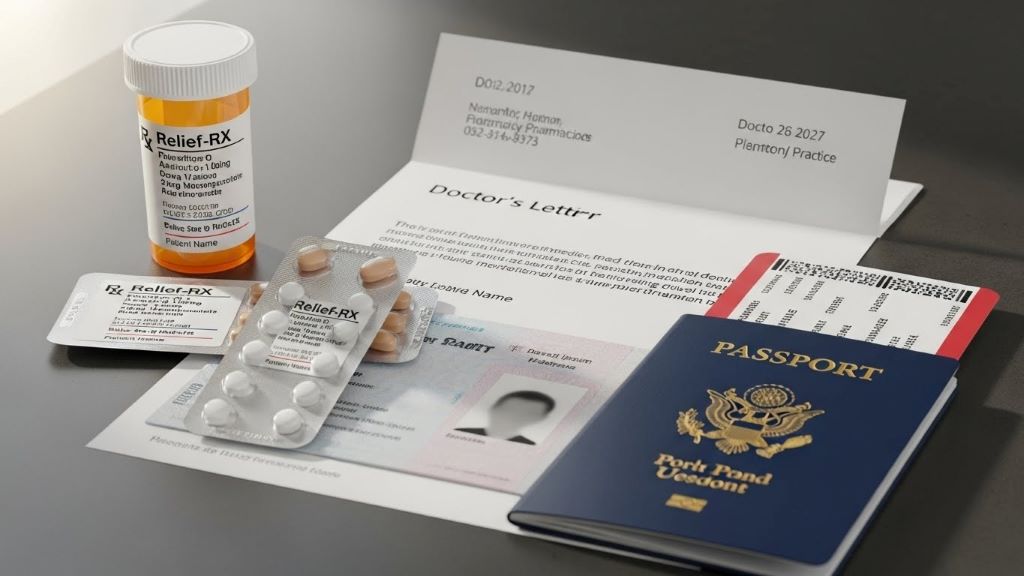 Prescription painkillers in original packaging with doctor's letter and passport for international travel