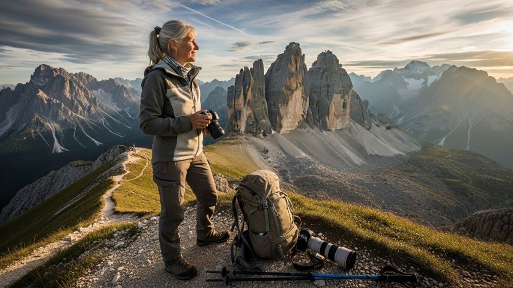 Mature solo traveler enjoying scenic mountain vista with hiking gear and camera
