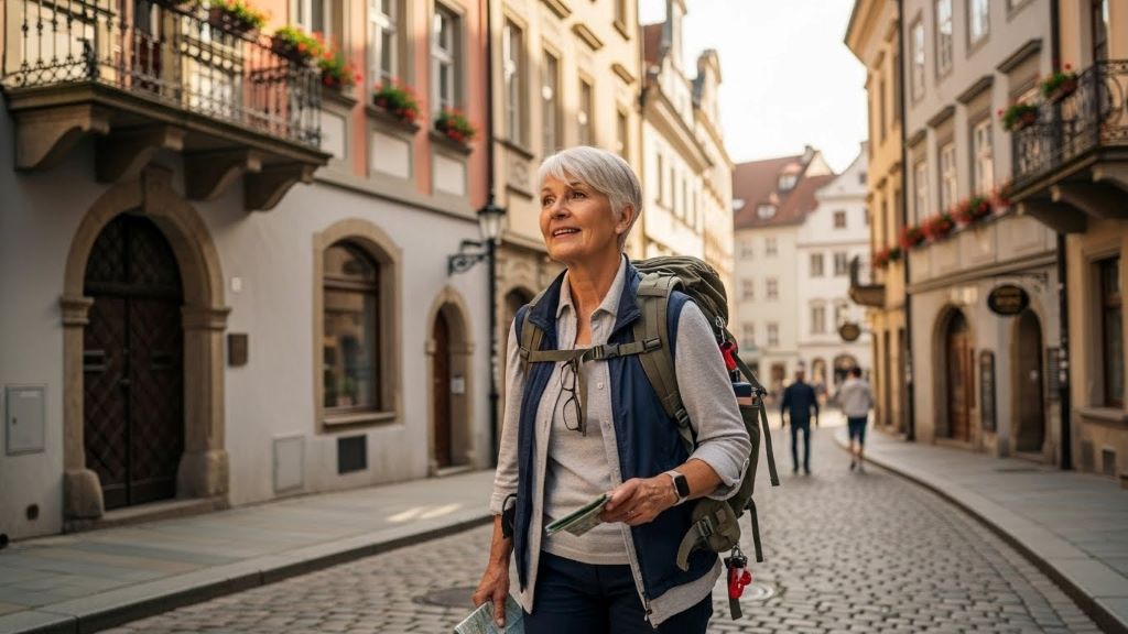 Senior woman with backpack exploring historic European cobblestone street independently