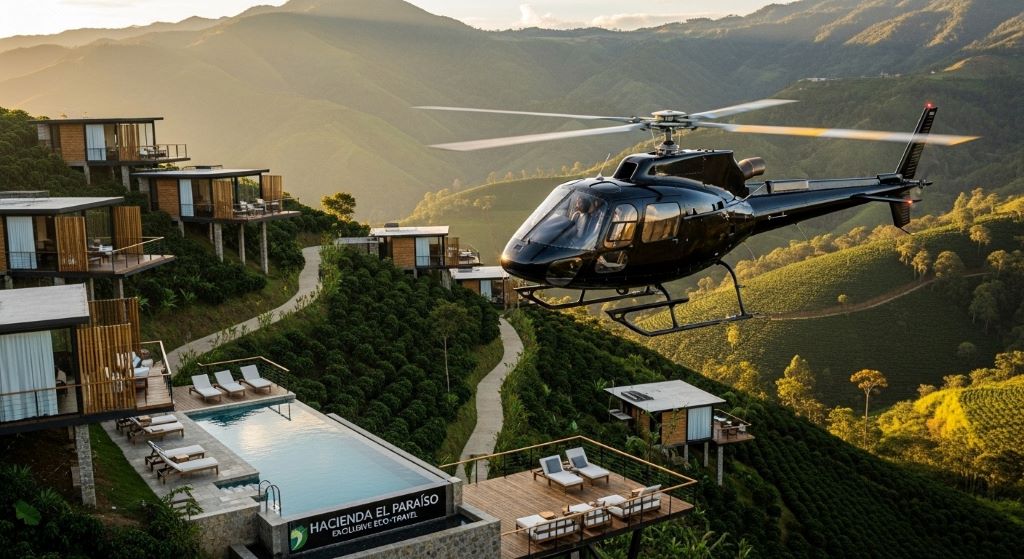 Private helicopter flying over Colombian coffee region mountains with luxury eco-lodge showing exclusive safe travel options