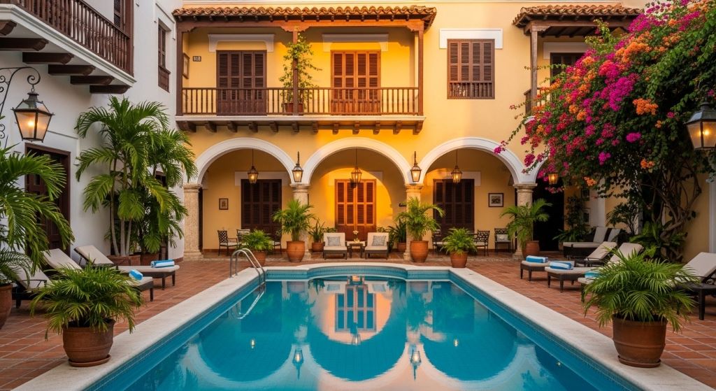 Luxury colonial hotel courtyard with pool in Cartagena Colombia walled city showing secure upscale accommodations