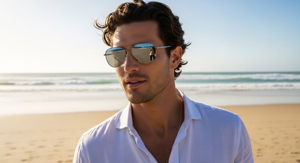 A man wearing stylish polarized aviator sunglasses on a sunny beach, showcasing men's fashion eyewear trends for summer