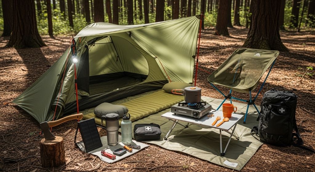 Portable camping tools and travel-friendly gear setup in forest