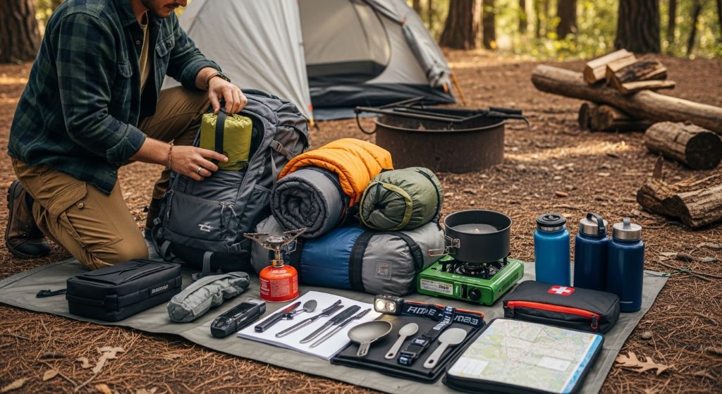 Camper organizing essential camping gear outdoors