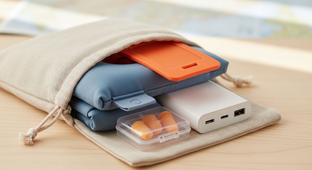 A neatly wrapped budget travel gift set featuring cheap travel essentials such as a compact neck pillow, a luggage tag, earplugs, and a small power bank in a reusable travel pouch