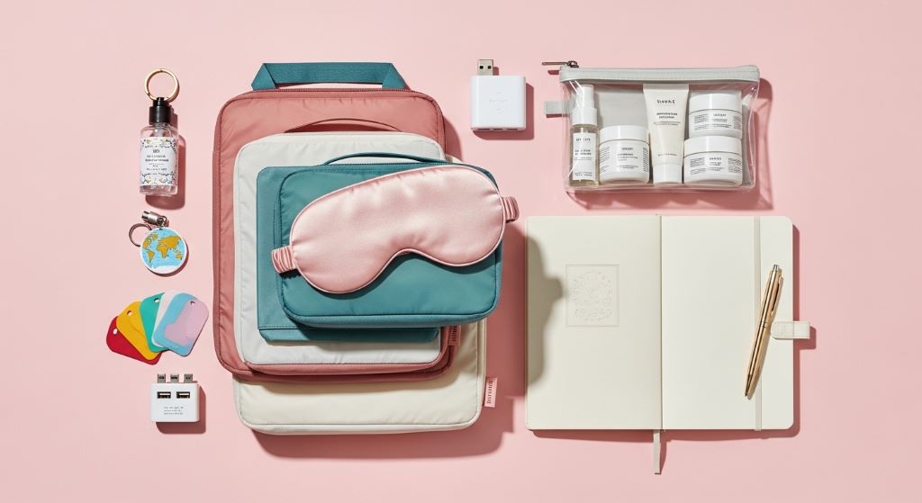 A flat lay of affordable travel gifts for her including packing cubes, a pastel sleep mask, a mini skincare set, and a travel journal arranged on a light pink background