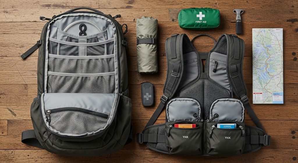 A flat lay of a quality hiking backpack open on a wooden surface showing internal compartments, hydration sleeve, hip belt pockets, and durable YKK zippers