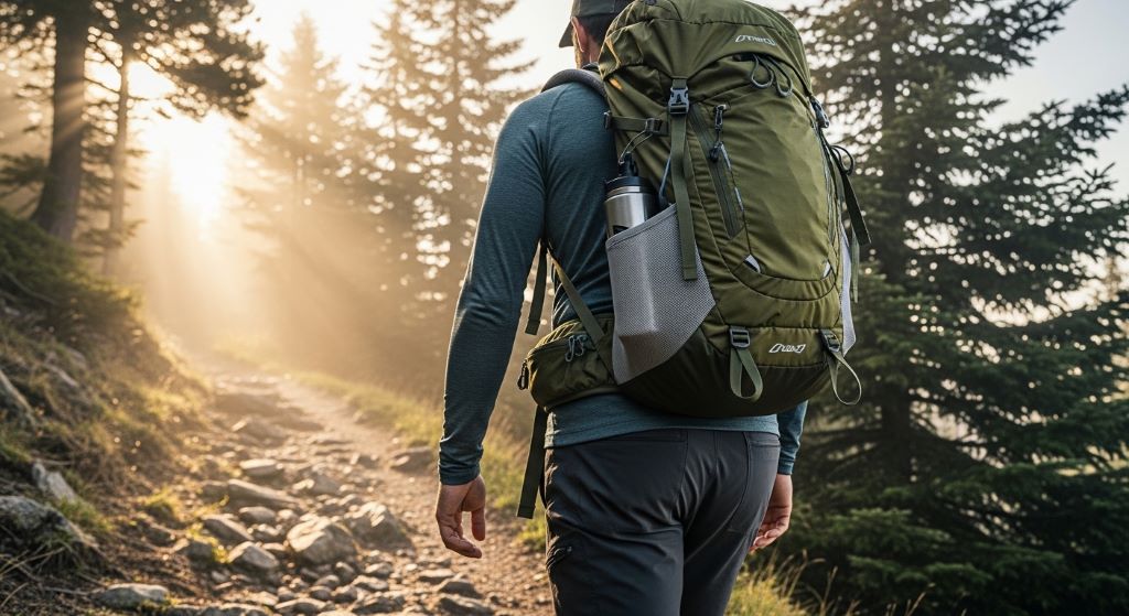 A hiker wearing a well-fitted mid-range hiking backpack on a mountain trail surrounded by trees and morning mist, demonstrating proper shoulder and hip strap placement