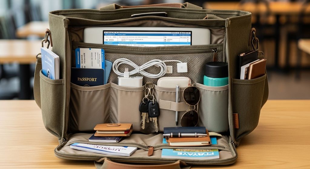 Multi-purpose travel tote packed with organized compartments for daily and travel use