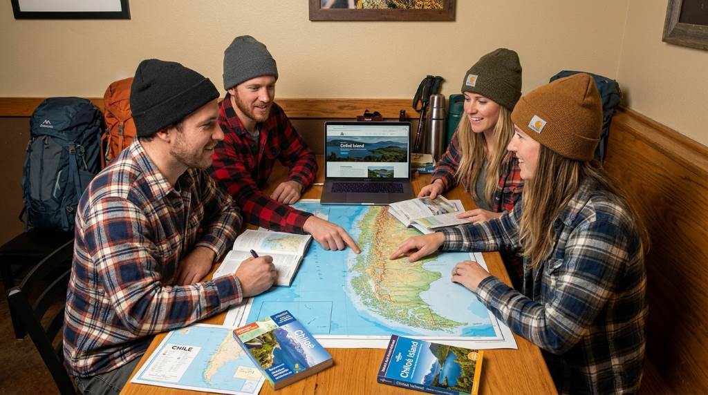 Backpackers exploring colorful villages and wooden churches on Chiloé Island in southern Chile